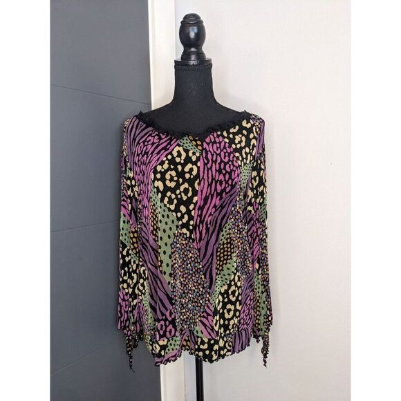 *3 for‎ $20* y2k Picadilly Fashions Colorful Mixed Print Lettuce Hem Top - Large - Picture 1 of 5